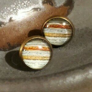 Handcrafted Antique Brass Jupiter Planet Astronomy  Glass Cabochon Stud Earrings